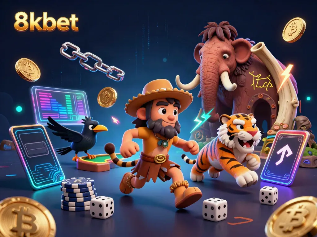 Engage in thrilling games at 8xbet's vibrant prehistoric casino with unique characters and crypto elements.