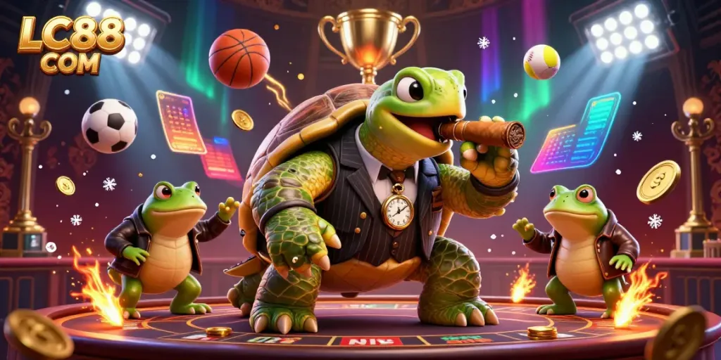 Engage in exciting gameplay at LC88 COM with a vibrant casino scene featuring cartoon characters in action.