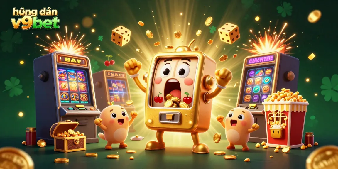 Experience the excitement of hướng dẫn nạp tiền v9bet through this lively illustration featuring a golden slot machine bursting with coins and cheering companions.
