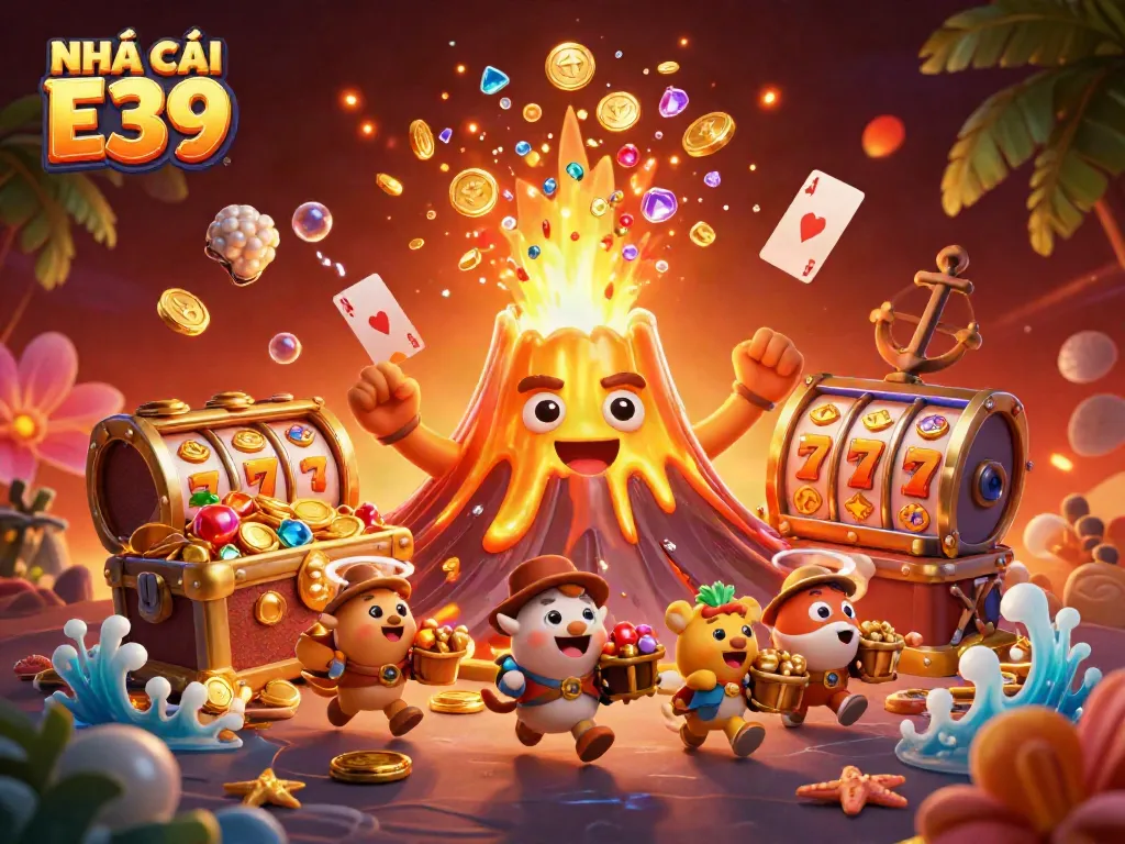 Experience the vibrant thrill of NHÀ CÁI E39 with a golden volcano, coins, and treasure in this dynamic casino scene.