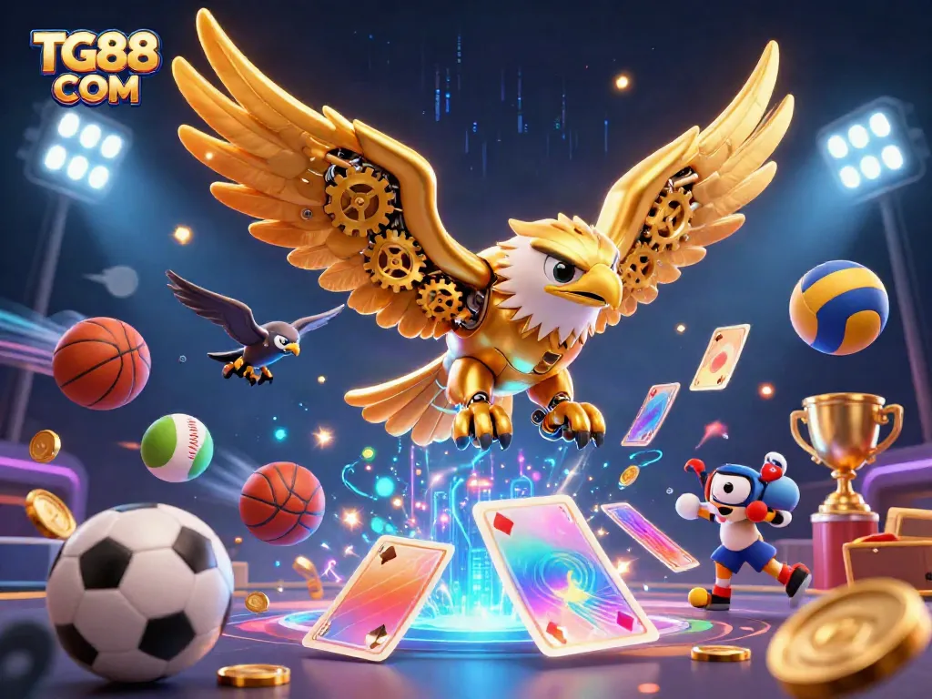 Experience the thrill of gambling at TG88 COM with a dynamic casino illustration featuring a golden eagle and holographic cards.
