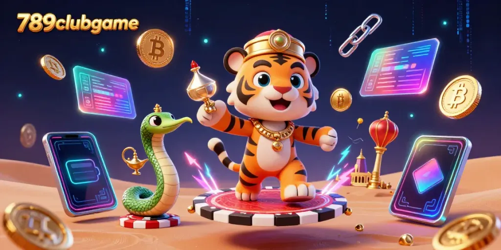 Experience the excitement of 789clubgame with a vibrant 3D illustration featuring a cartoon tiger sultan and crypto elements.