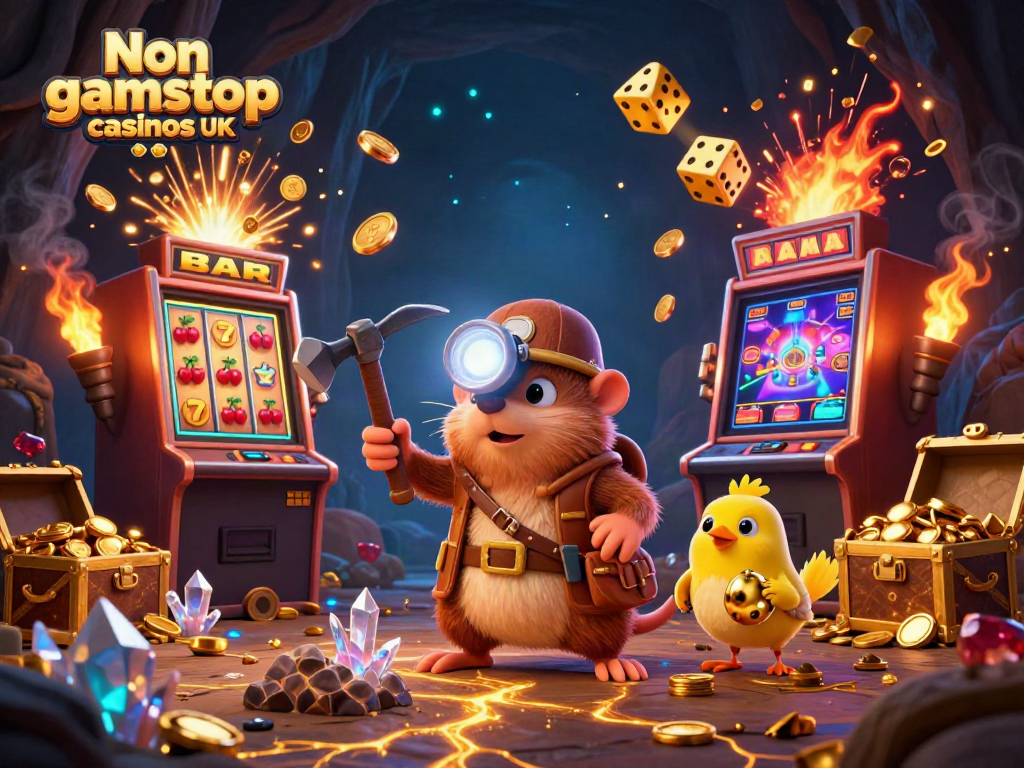 Engaging illustration of Non gamstop casinos UK featuring a treasure hunter mole, jackpot slot machines, and glowing gems.