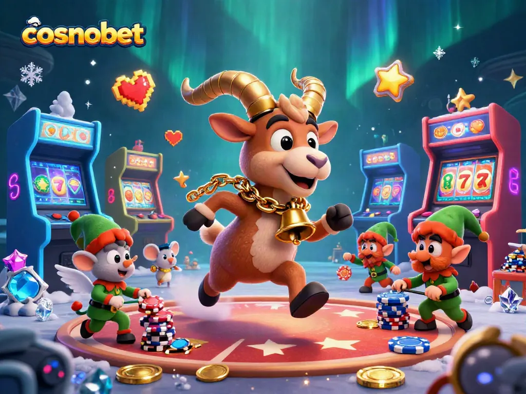 Join the fun at Cosmobet's lively casino scene featuring festive characters and slot games.