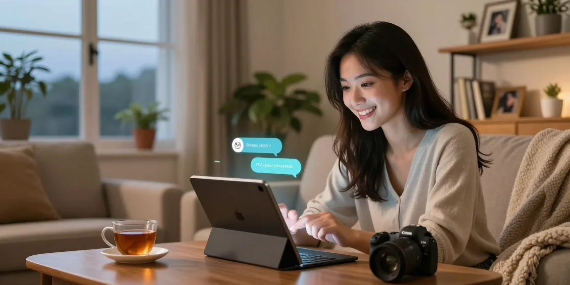 Engaging conversation with an AI girlfriend on a tablet in a cozy living room