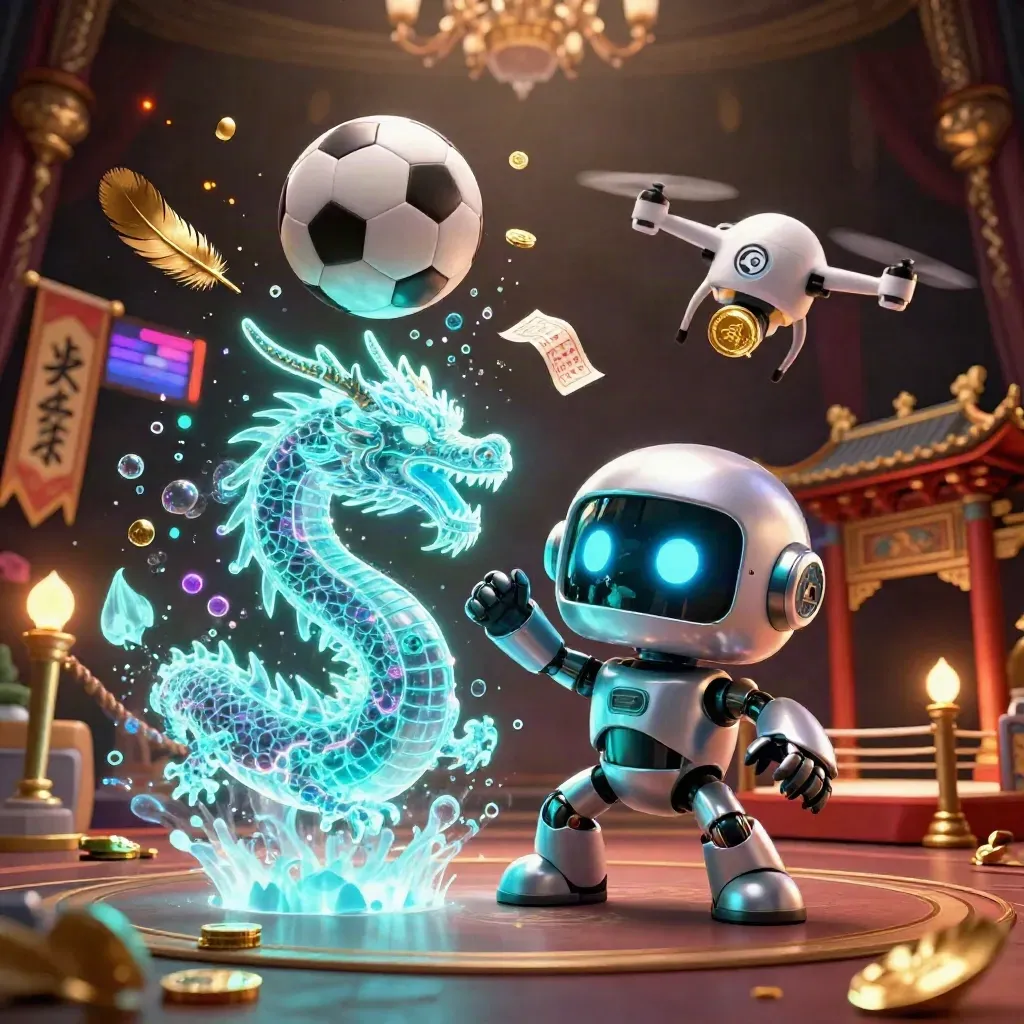 Chrome robot, holographic dragon and coin drone amid sports balls, gold coins and cyan-purple glow.