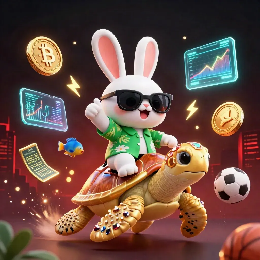 Lucky rabbit on a gem-shell turtle amid neon coins, sports balls, and casino lights.