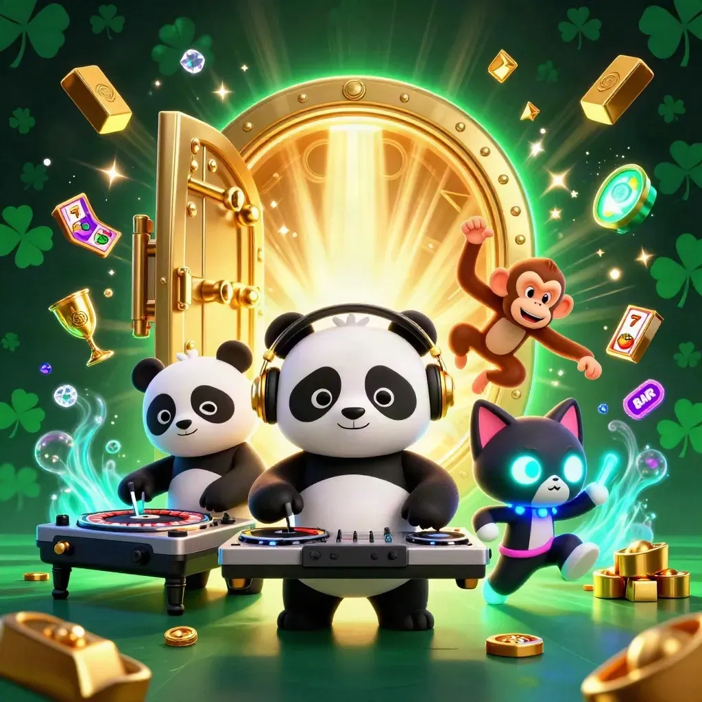 Panda DJ, monkey, and rave kitten burst from a golden vault amid casino treasure.