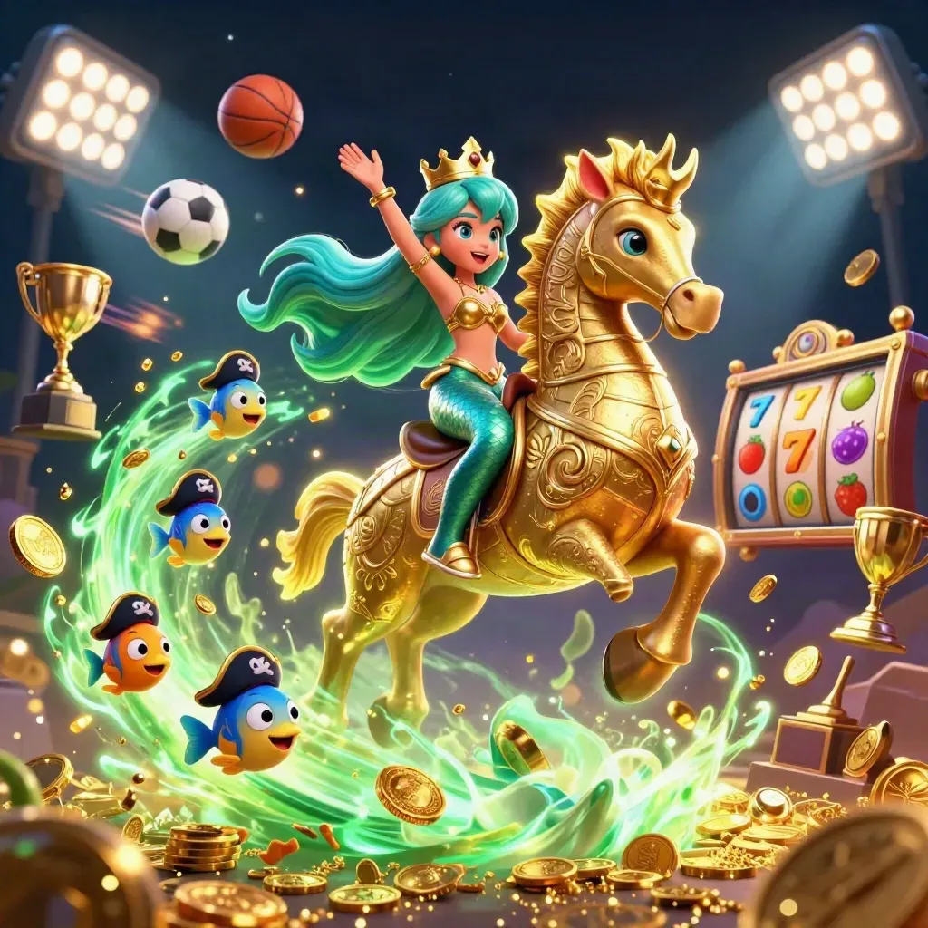 Mermaid princess on a golden seahorse amid coins, fish, sports balls and neon casino effects.