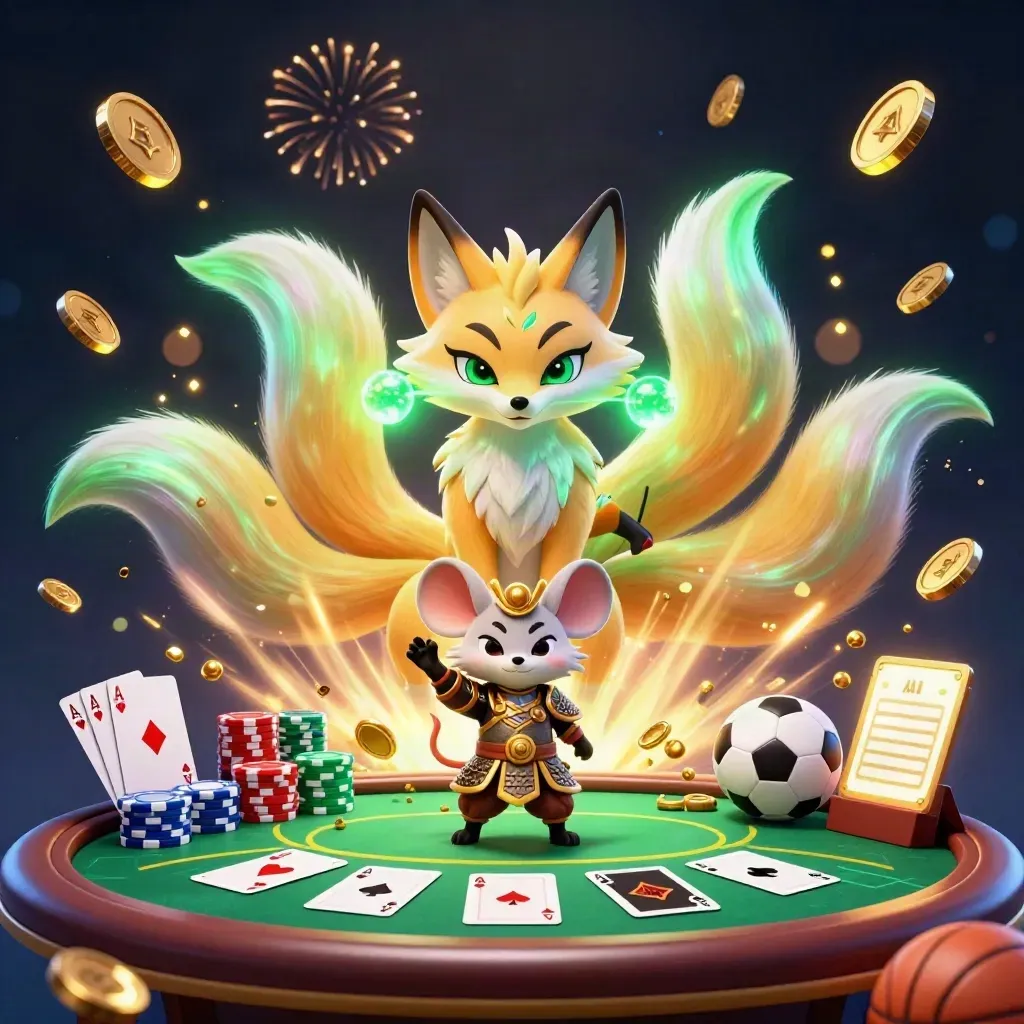 Nine-tailed fox spirit and samurai mouse amid casino treasures, chips, cards, and fireworks.
