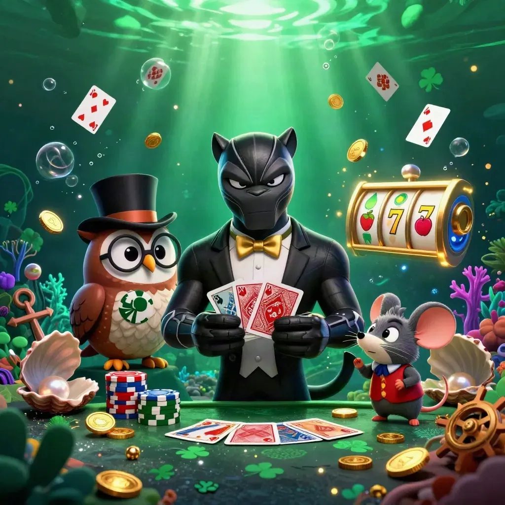 Black panther, owl, and mouse in tuxedo amid treasure, cards, bubbles, and casino loot underwater