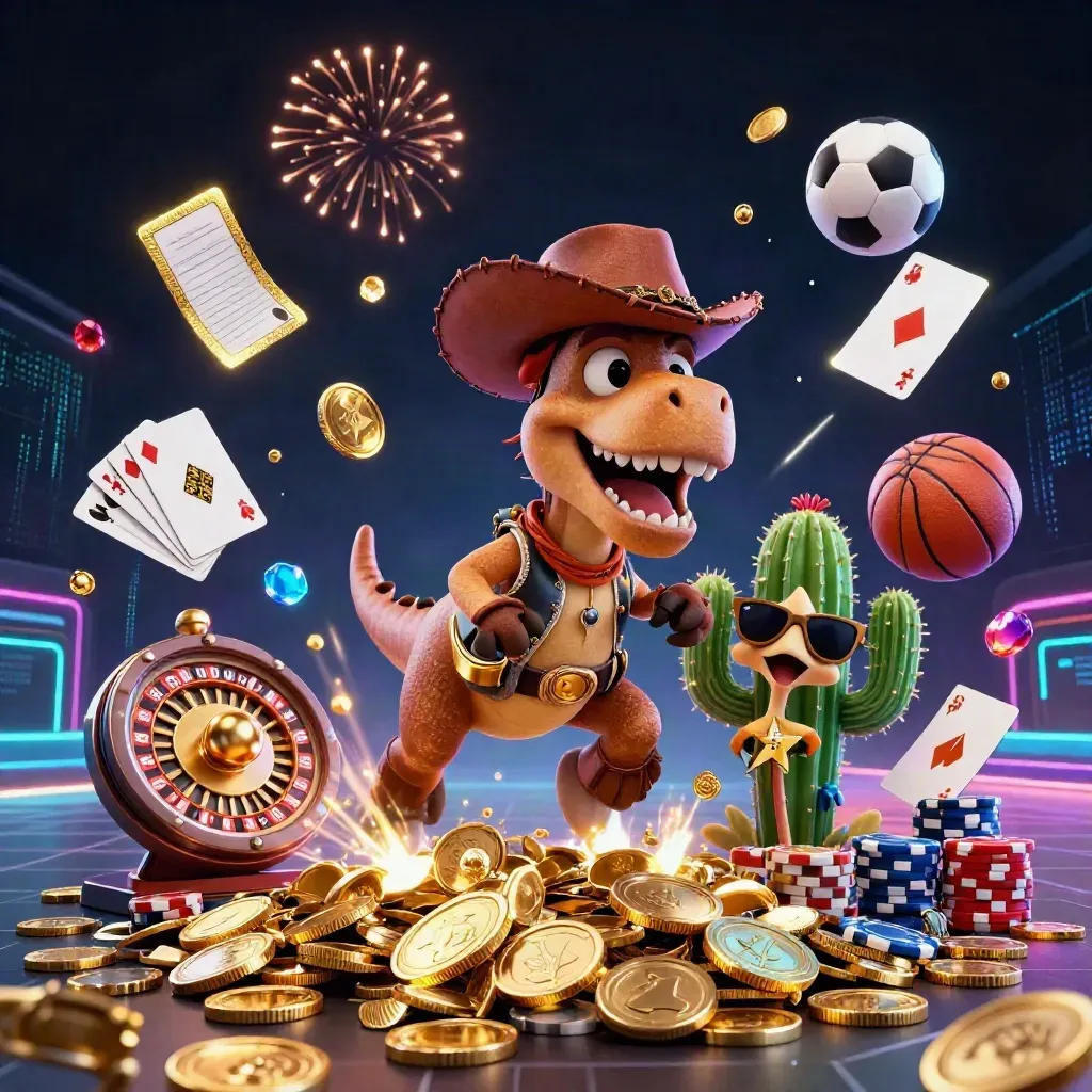 Cowboy T-Rex, cactus and roadrunner amid casino coins, chips, roulette and sports props
