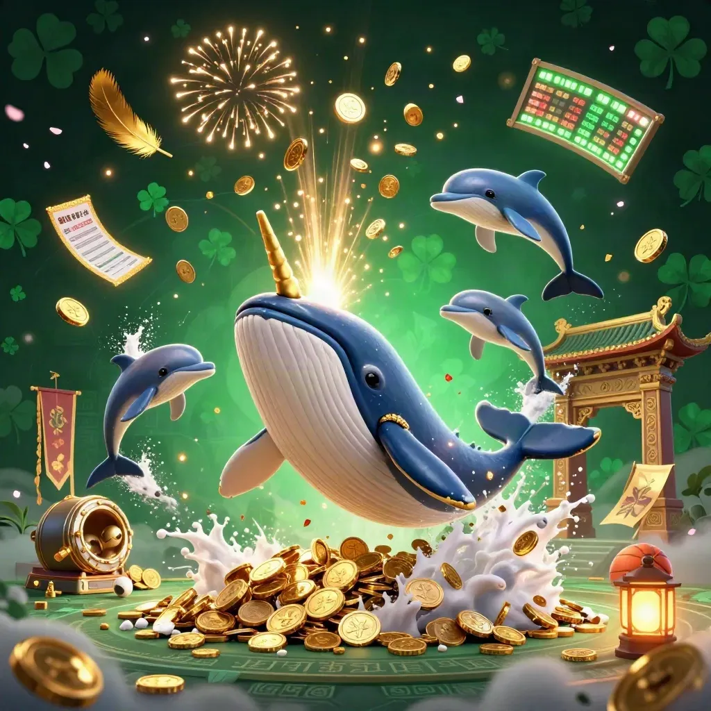 Whale captain, narwhal, and dolphins burst through coins with casino loot and sports props.
