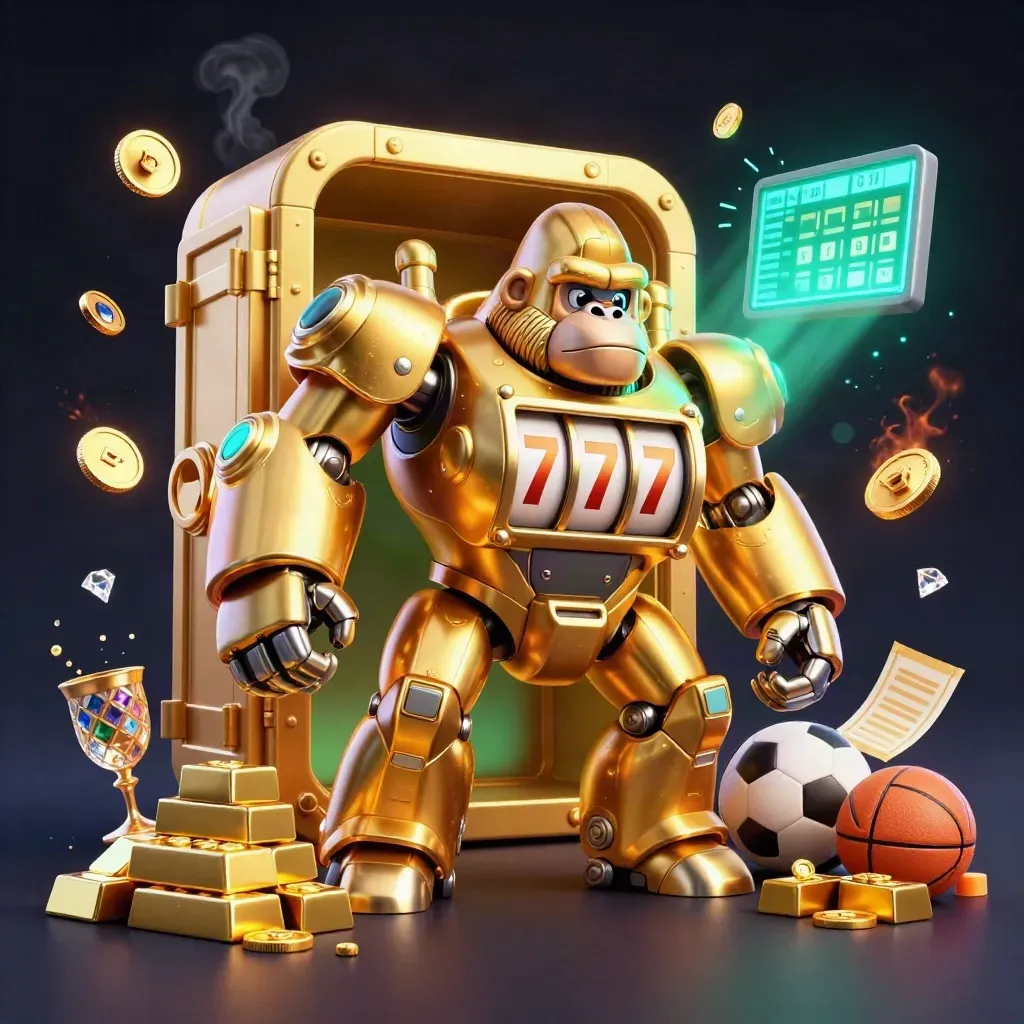 Golden gorilla mech bursts from a vault with coins, gems, and sports props in neon casino light.