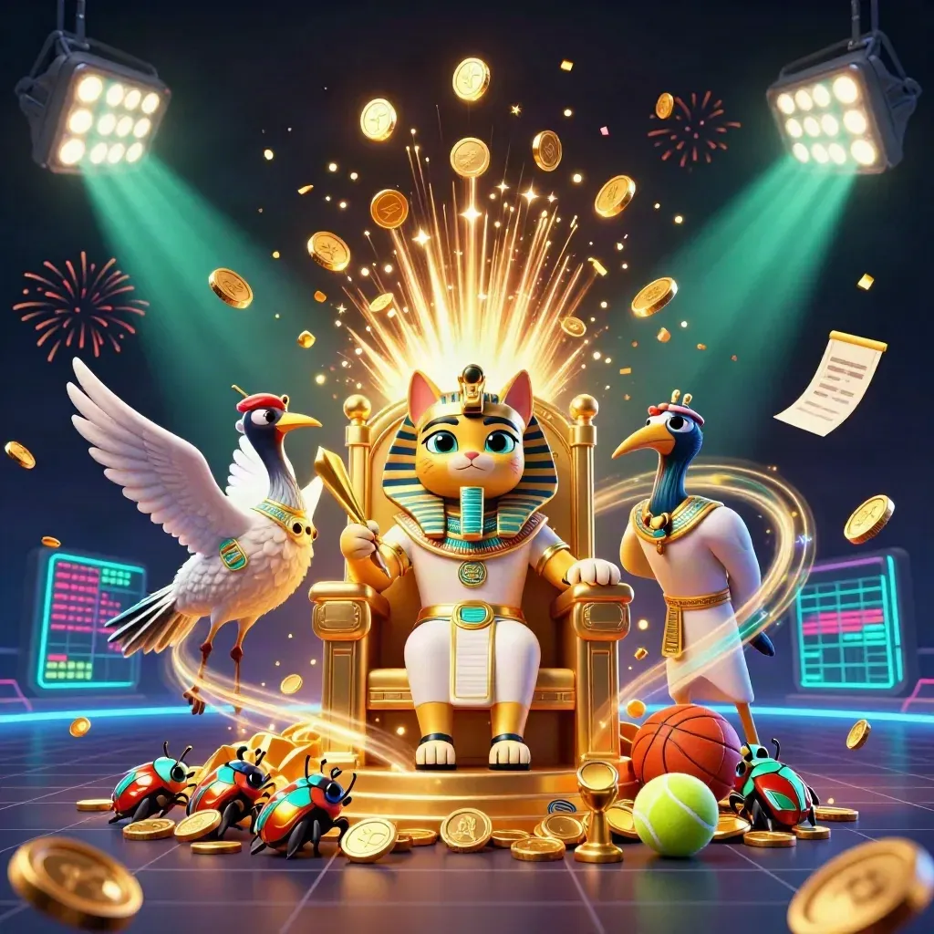 Pharaoh cat on throne with ibis scribe, scarabs, sports balls and gold coins exploding in neon casino light