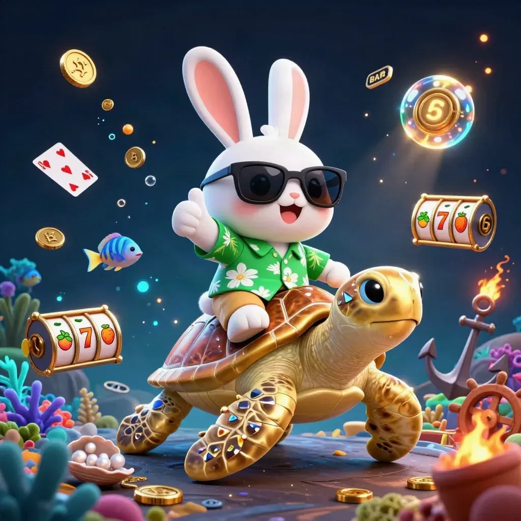 Lucky rabbit rides a golden sea turtle in a neon treasure cove with fish, reels, and gold coins.