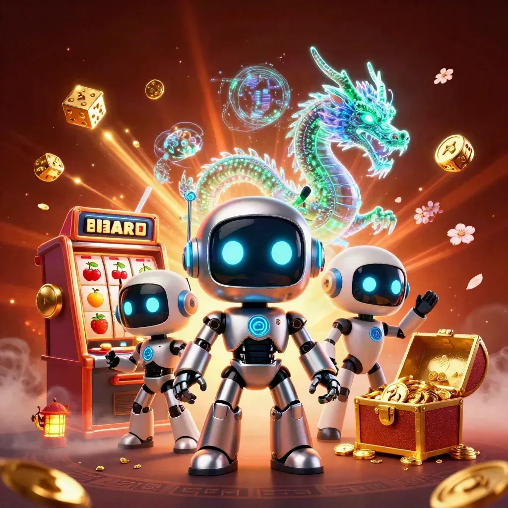Cyberpunk robot, holographic dragon and coin drone amid jackpot slot chaos in fiery casino light.