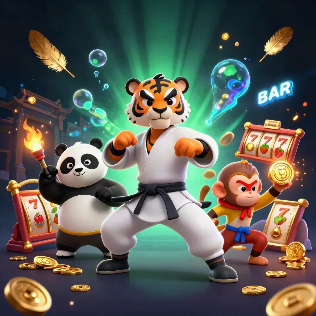Tiger, panda and monkey kung-fu heroes amid casino reels, gold coins and neon temple magic