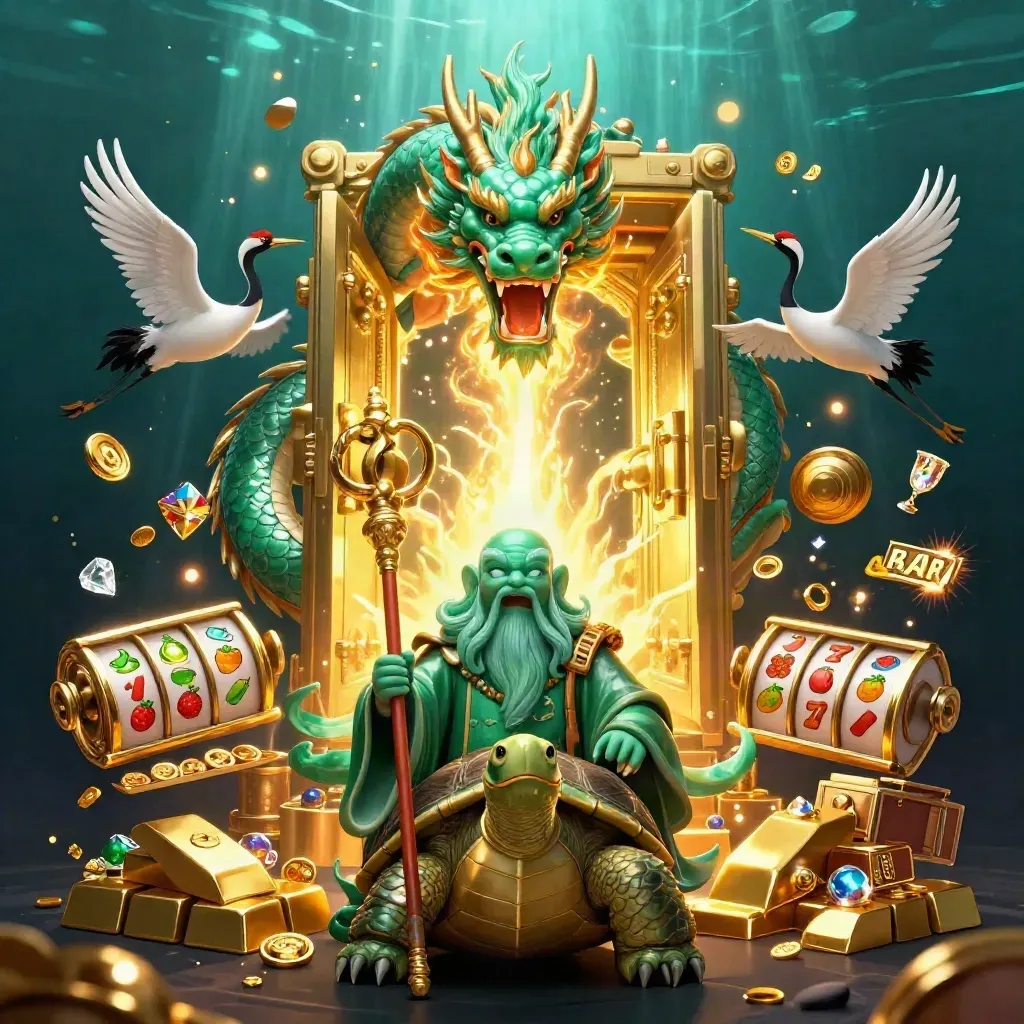 Jade dragon, wise turtle, and cranes amid vault gold, reels, and glowing casino treasure.