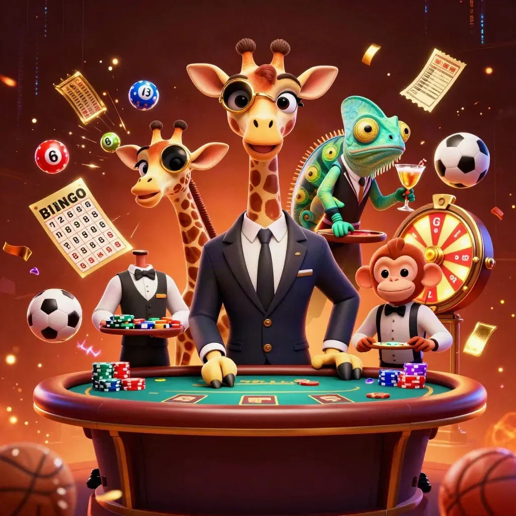 Giraffe high roller, monkey valet, and chameleon bartender amid glowing casino rewards and sports props.