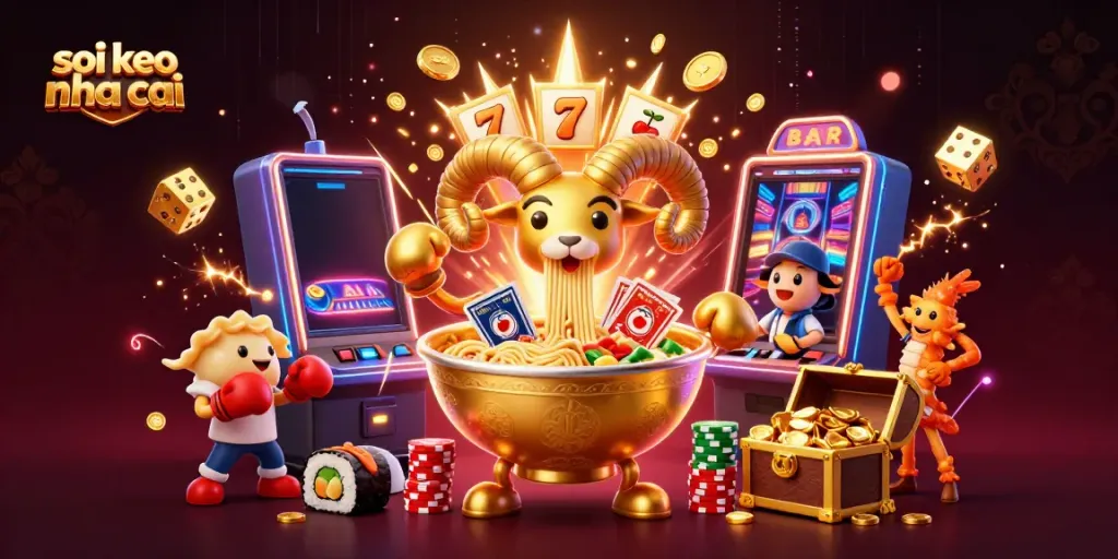 Soi keo nha cai illustrated with a golden ramen bowl dealer, slot machine explosion, and festive casino elements.