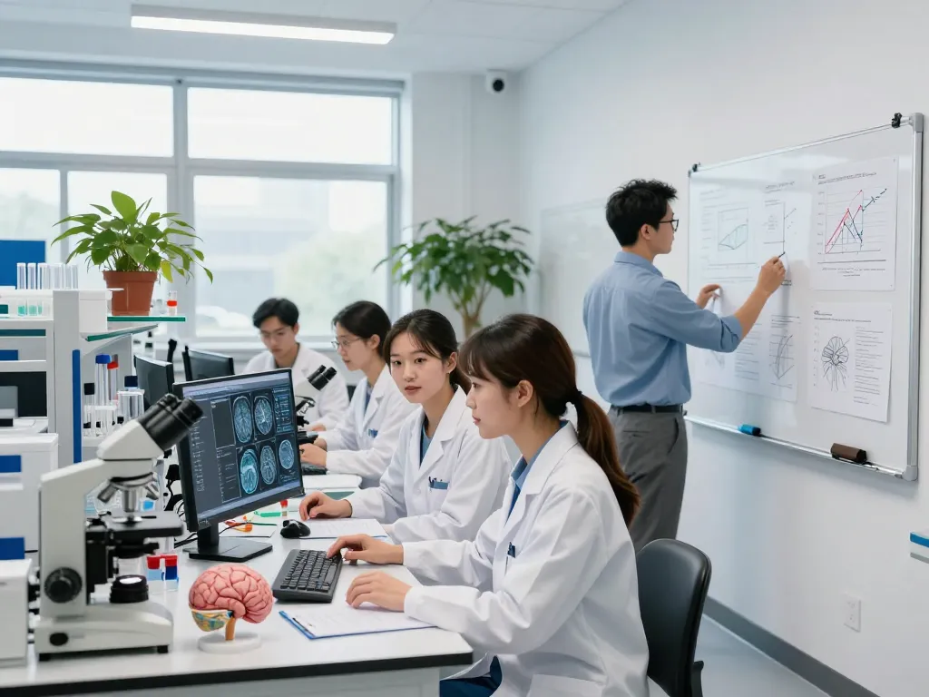 Researchers working in a lab on neurodegenerative diseases at https://nddo.org, showcasing data analysis and collaboration.