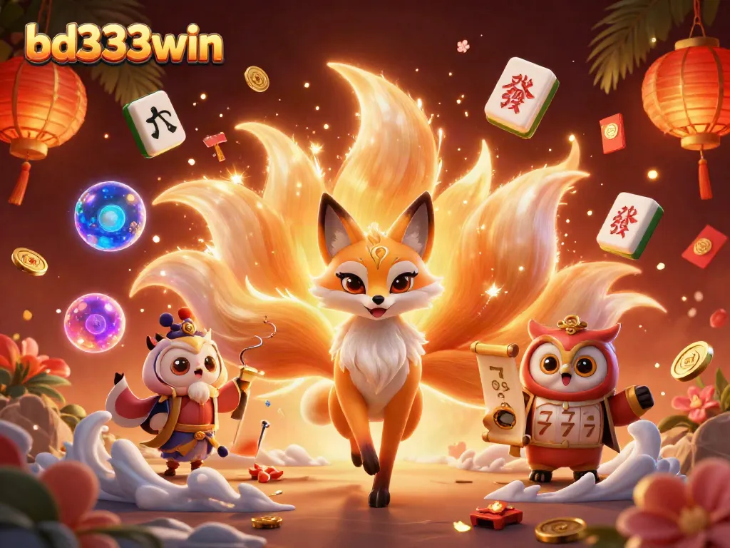 Experience the colorful energy of bd333win with a nine-tailed fox and a wise owl, surrounded by festive casino elements.