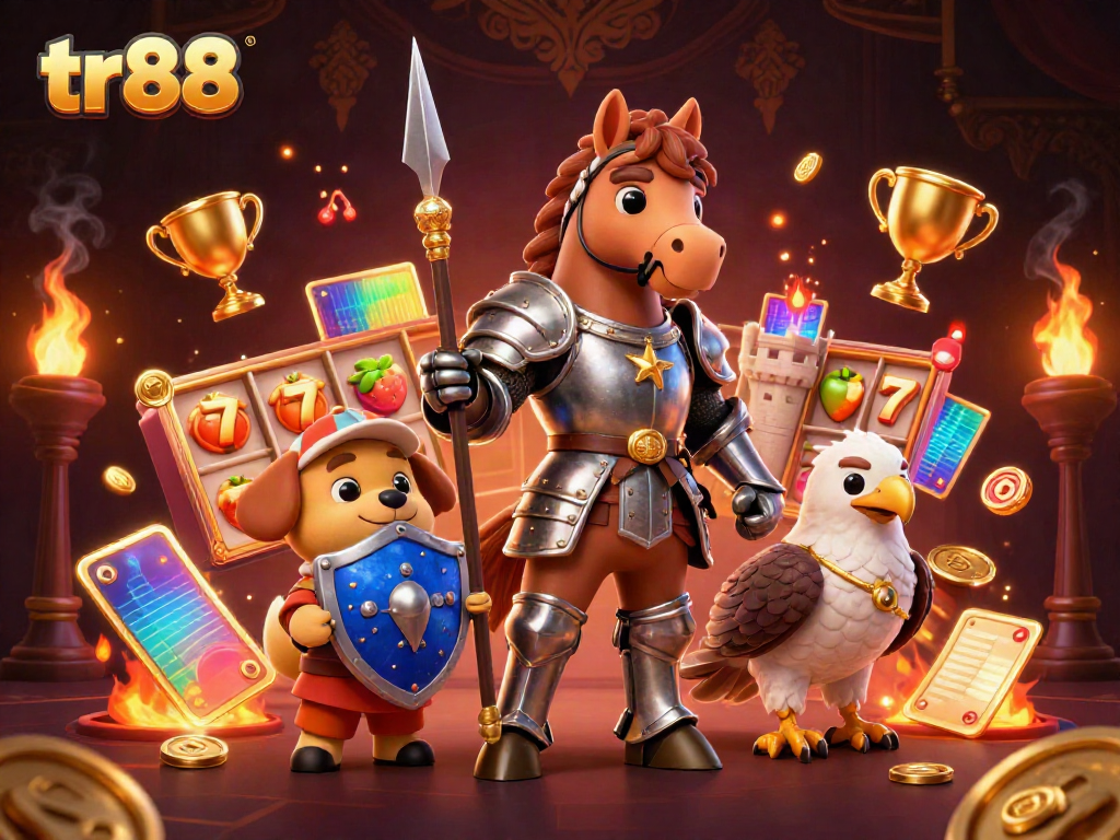 Engage with tr88 slot games featuring knights and colorful symbols in a vibrant casino landscape.