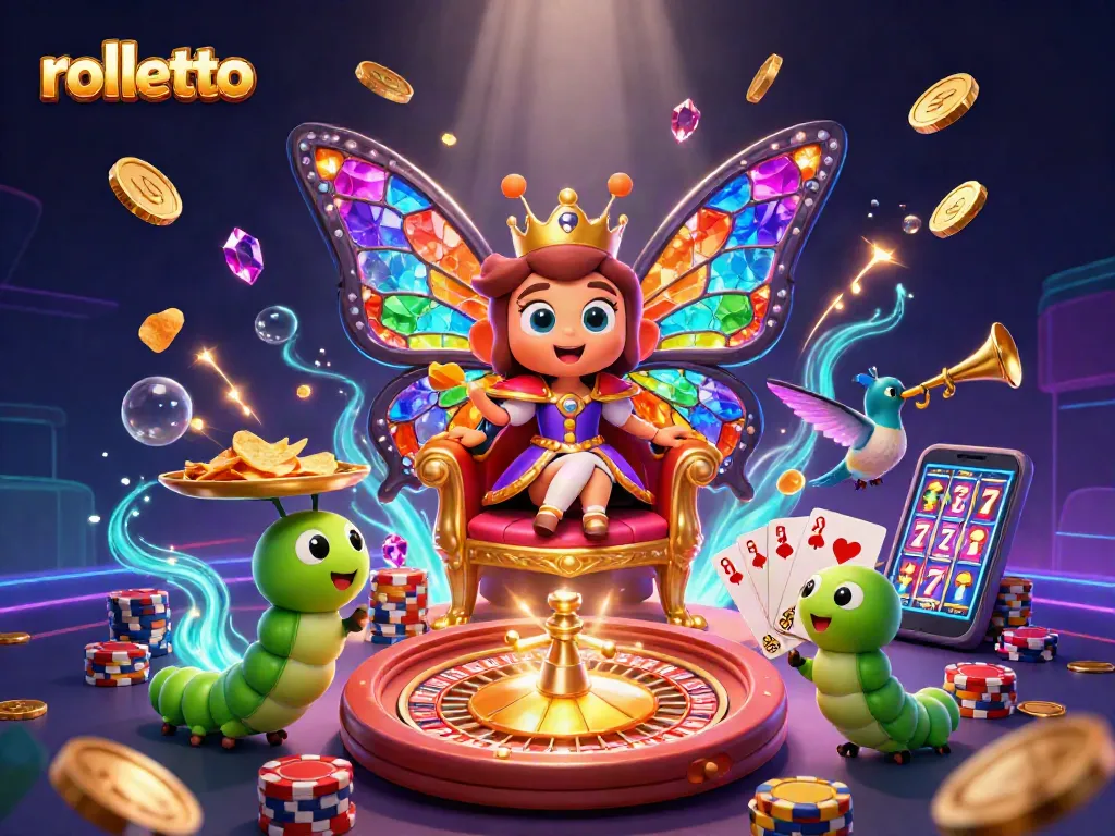 Experience rolletto's vibrant casino atmosphere with dazzling games and rewards in this joyful 3D illustration.