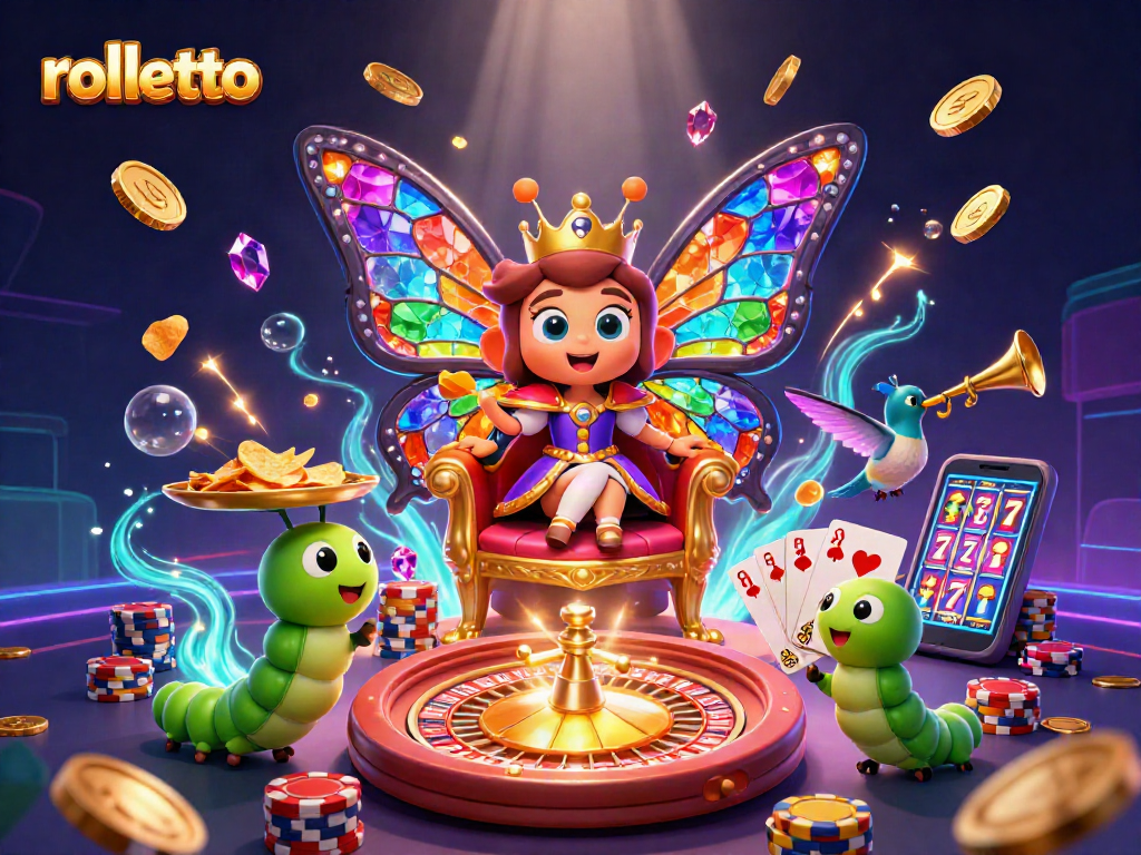 Experience rolletto's vibrant casino atmosphere with dazzling games and rewards in this joyful 3D illustration.