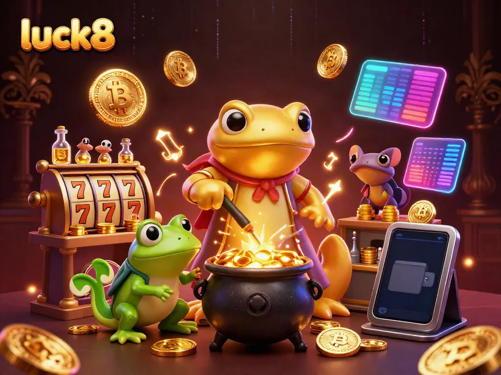 Experience the excitement of luck8 with vibrant slot game elements and golden alchemy in a fantastical scene.