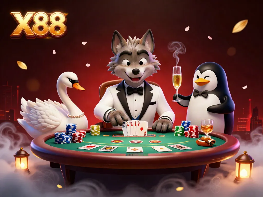 X88 invites you to a vibrant casino scene featuring a stylish wolf, a swan dealer, and a penguin sommelier.