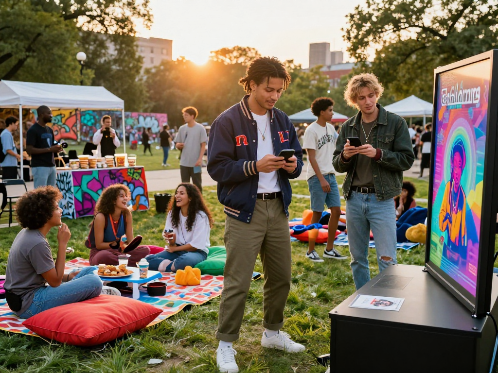 Dynamic social scene with young adults engaging in AI art and laughter, showcasing ai slut culture in an urban park.