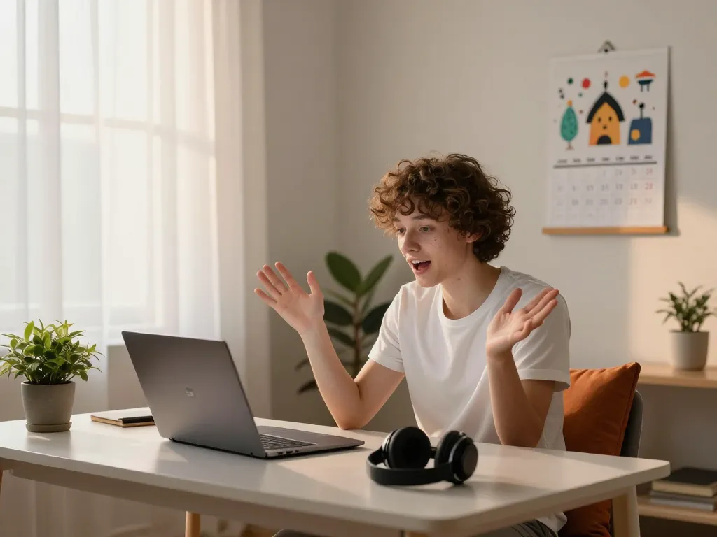 Engaging in an ai porn chat on a sleek laptop in a cozy home office atmosphere.