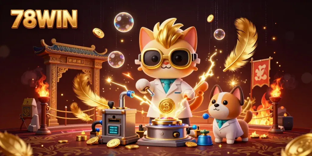 78WIN transforms a lab into a thrilling casino world, showcasing vibrant characters and exciting game elements.