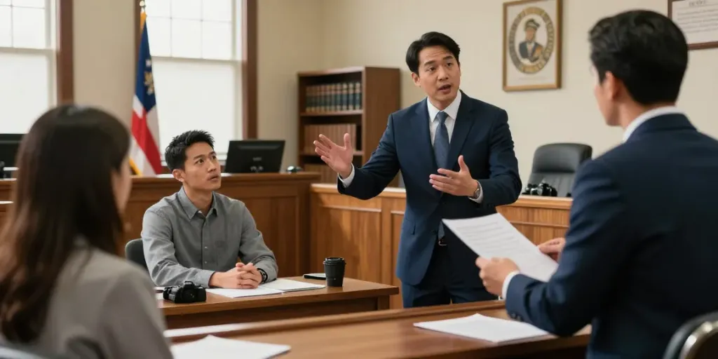 DUI charges Forsyth County GA courtroom scene with attorney defending client passionately.