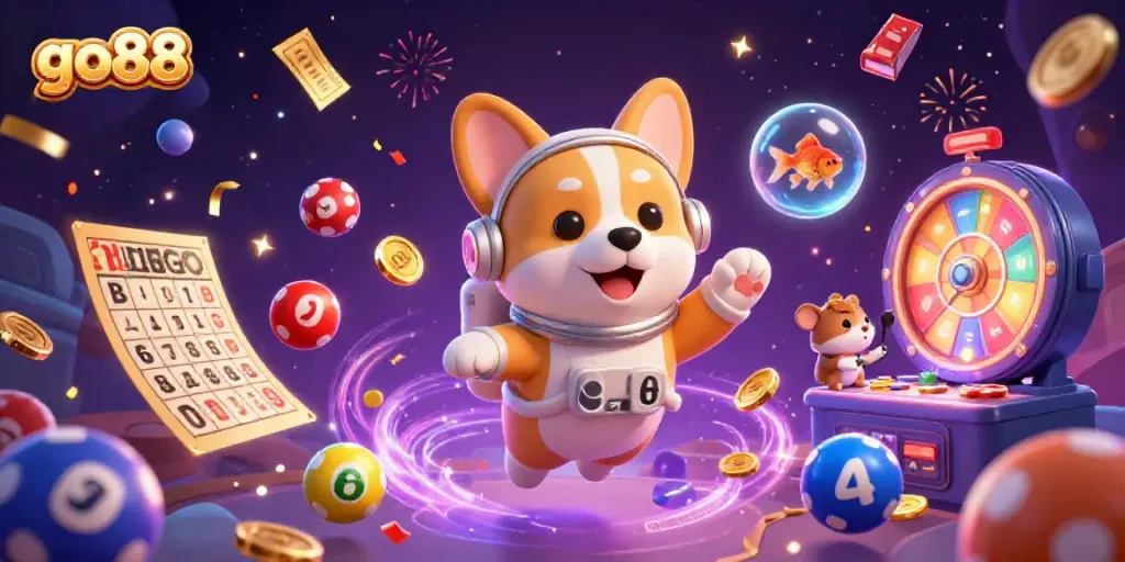 Experience the go88 gaming adventure with a vibrant casino scene featuring a floating corgi and magical lottery elements.