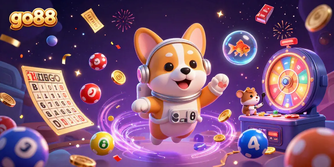 Experience the go88 gaming adventure with a vibrant casino scene featuring a floating corgi and magical lottery elements.