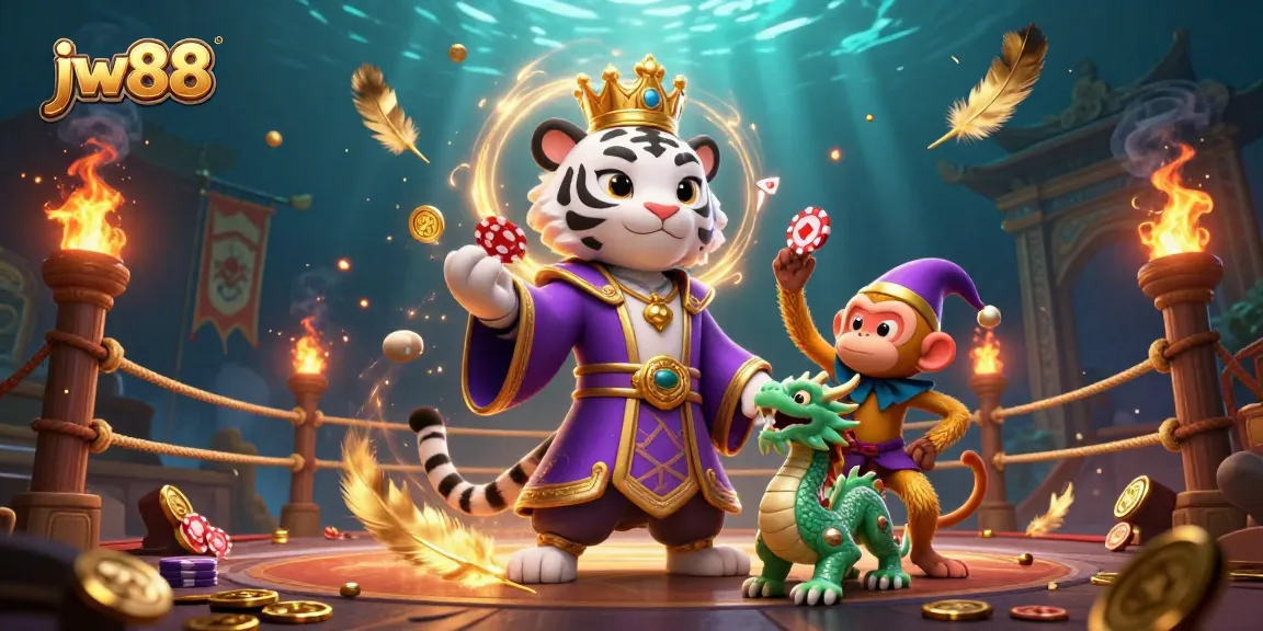 Experience thrilling gambling at JW88 with a majestic tiger and playful monkey in a richly detailed casino scene.