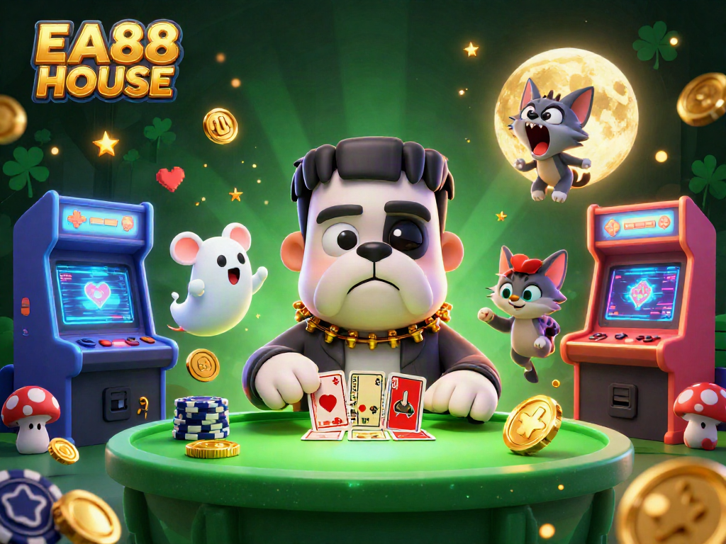 Win big at EA88 HOUSE with a vibrant 3D casino illustration featuring unique characters and games.