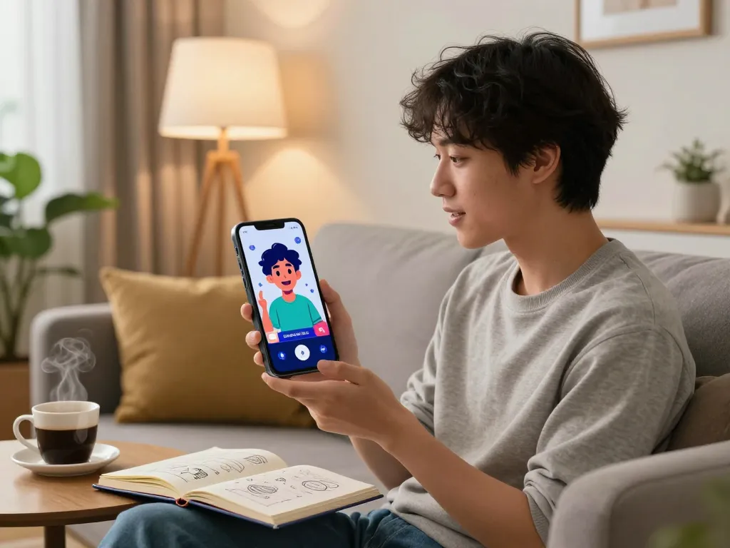 Interactive user chatting with Crushon AI character on a sleek mobile device in a cozy, inviting living room.