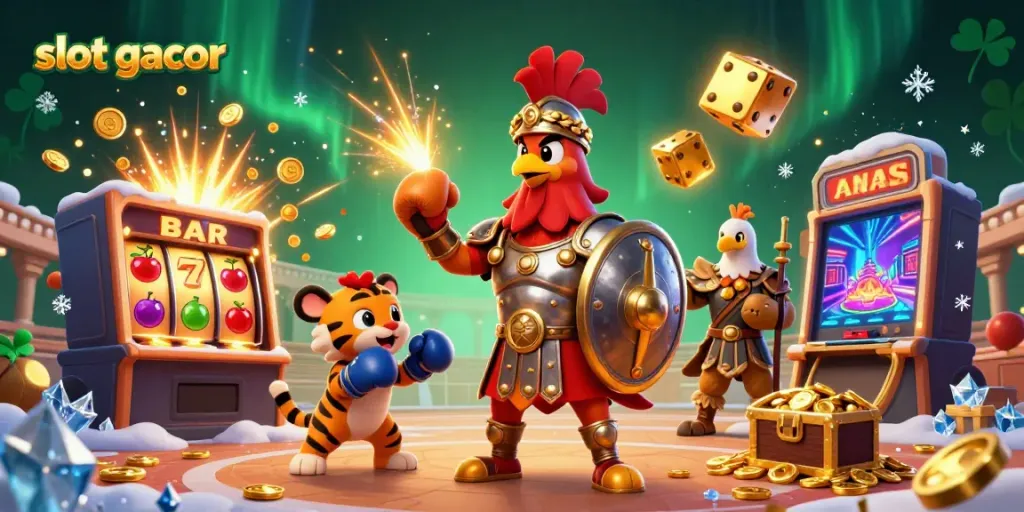 Experience the thrill of slot gacor gaming with dynamic rooster gladiator surrounded by jackpot symbols and treasures.