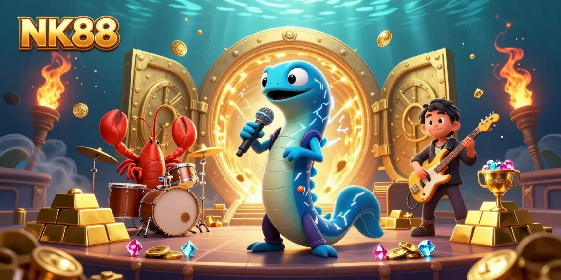 Experience the energetic scene of NK88's underwater casino with lively characters celebrating wealth.
