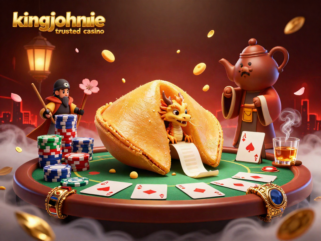 Experience the magic of kingjohnnie trusted casino with an enchanting 3D illustration of fortune, dragons, and poker elements.