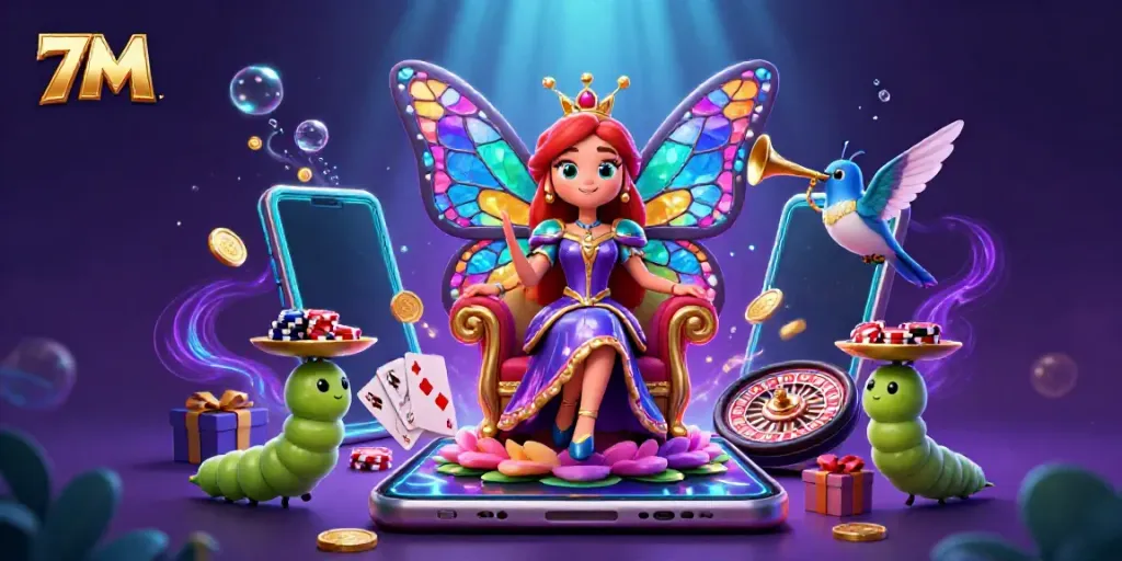 Engaging 3D scene capturing the excitement of 7M slots with vibrant characters and casino elements.