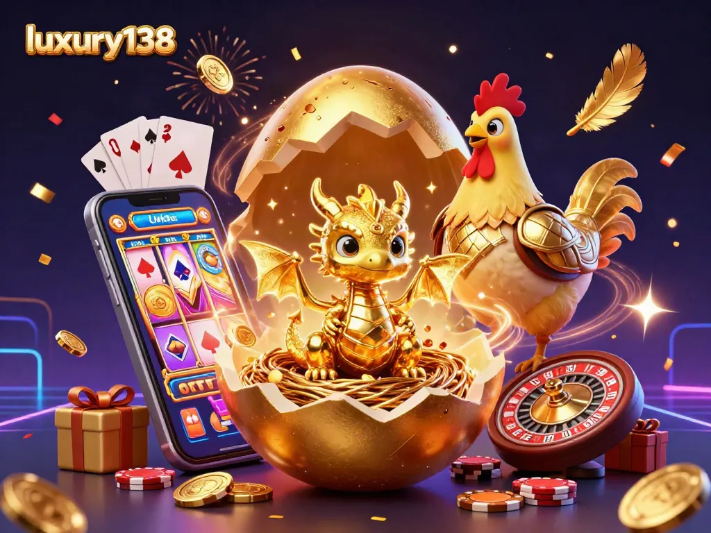 Spin the reels with luxury138 in this vibrant illustration of a dragon, poker chips, and exciting casino games.