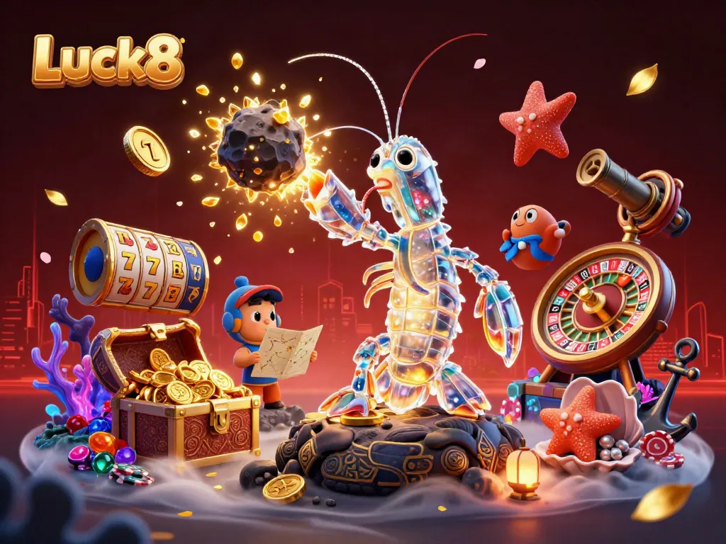 Experience immersive gaming thrills at Luck8 with vibrant illustrations of slots and casino action.