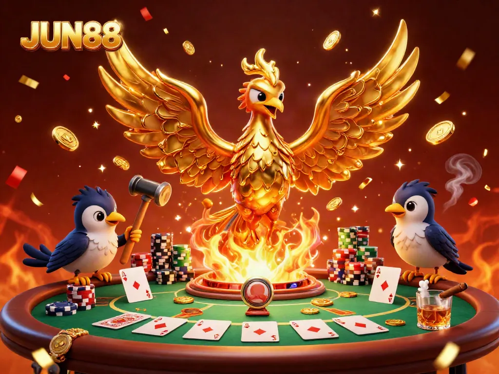 Engage in thrilling gaming action at JUN88 with a golden phoenix and poker scene.