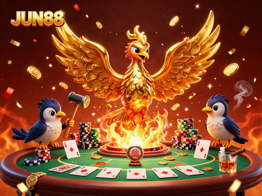 Engage in thrilling gaming action at JUN88 with a golden phoenix and poker scene.
