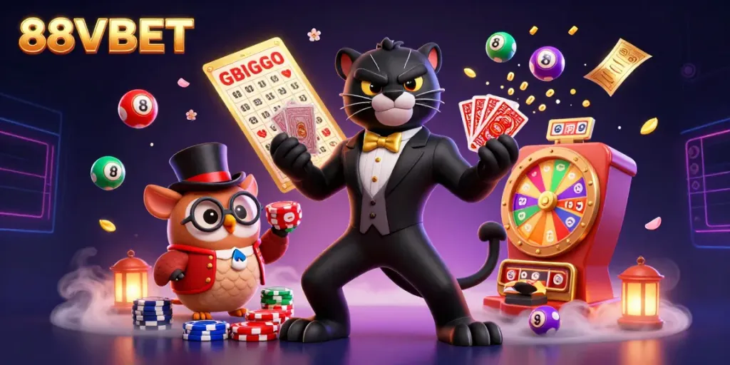 Experience vibrant gameplay with 88VBET's 3D casino characters amidst a colorful gambling scene.